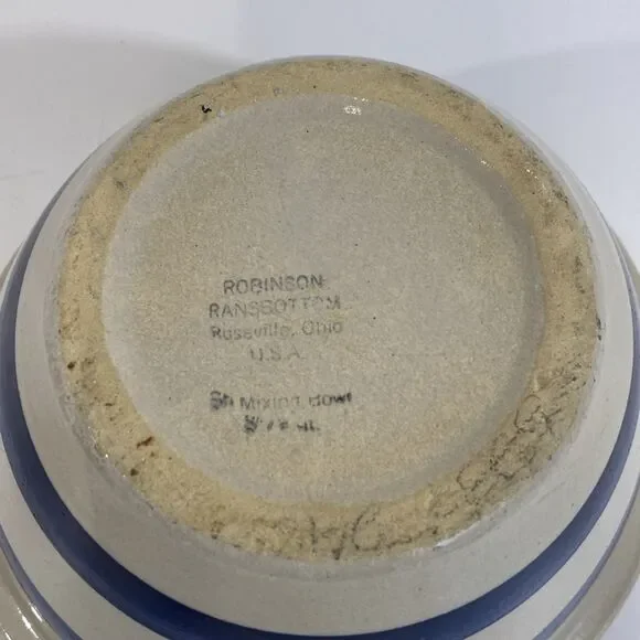 Vtg‎ ROSEVILLE POTTERY STONEWARE MIXING BOWL Blue Stripes 7” Farmhouse - Picture 5 of 7